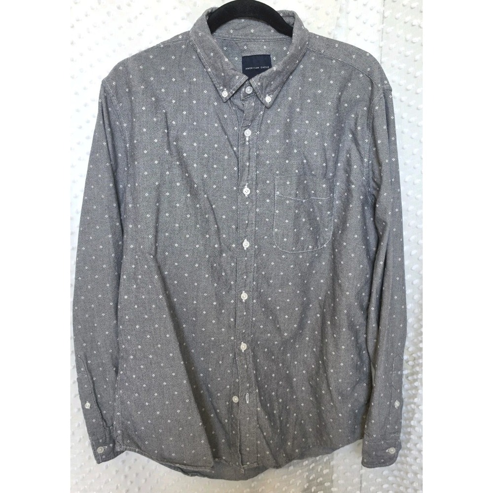 American Eagle Mens Gray Diamond Print Button Down Shirt Long Sleeve Large